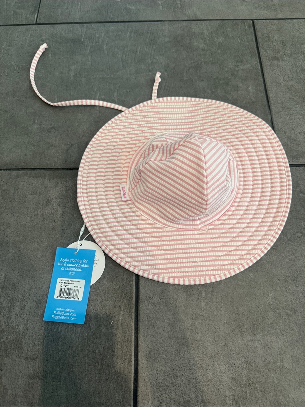 Ruffle Butts Pink and White Seersucker Sun Hat with Chin Tie UPF 50 NWT 0-12M